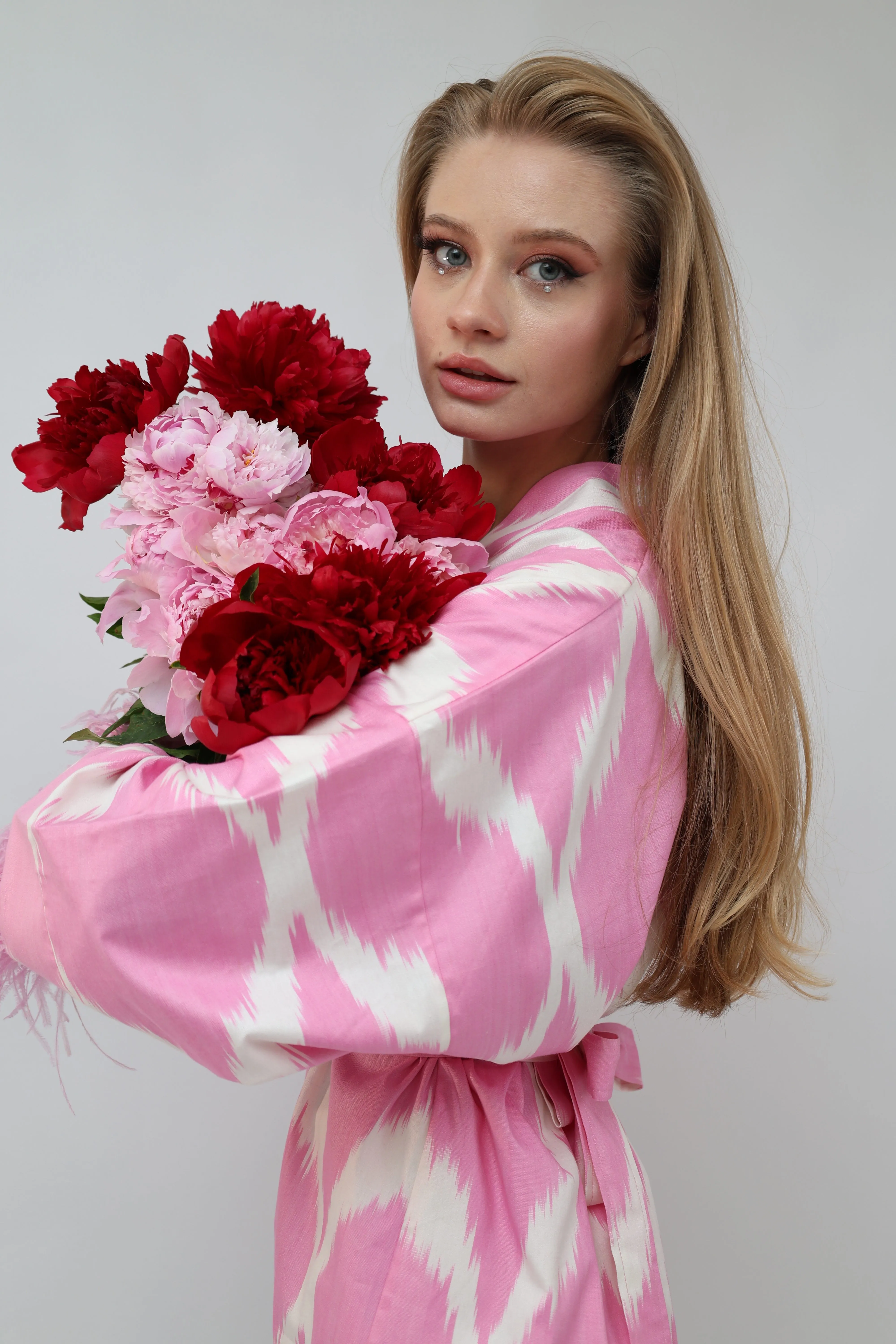 100% Cotton Pink Mini Kimono With Feathers