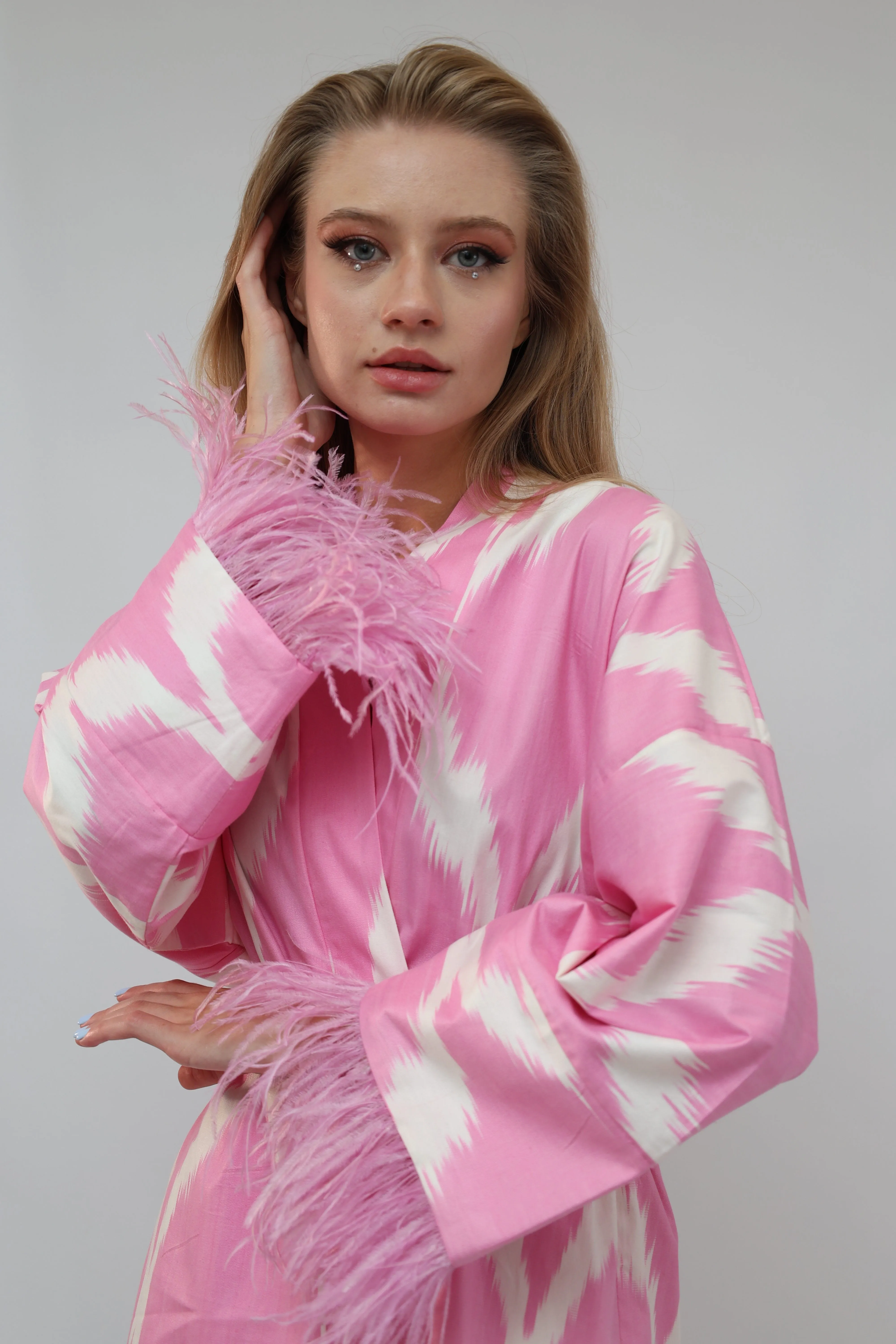 100% Cotton Pink Mini Kimono With Feathers