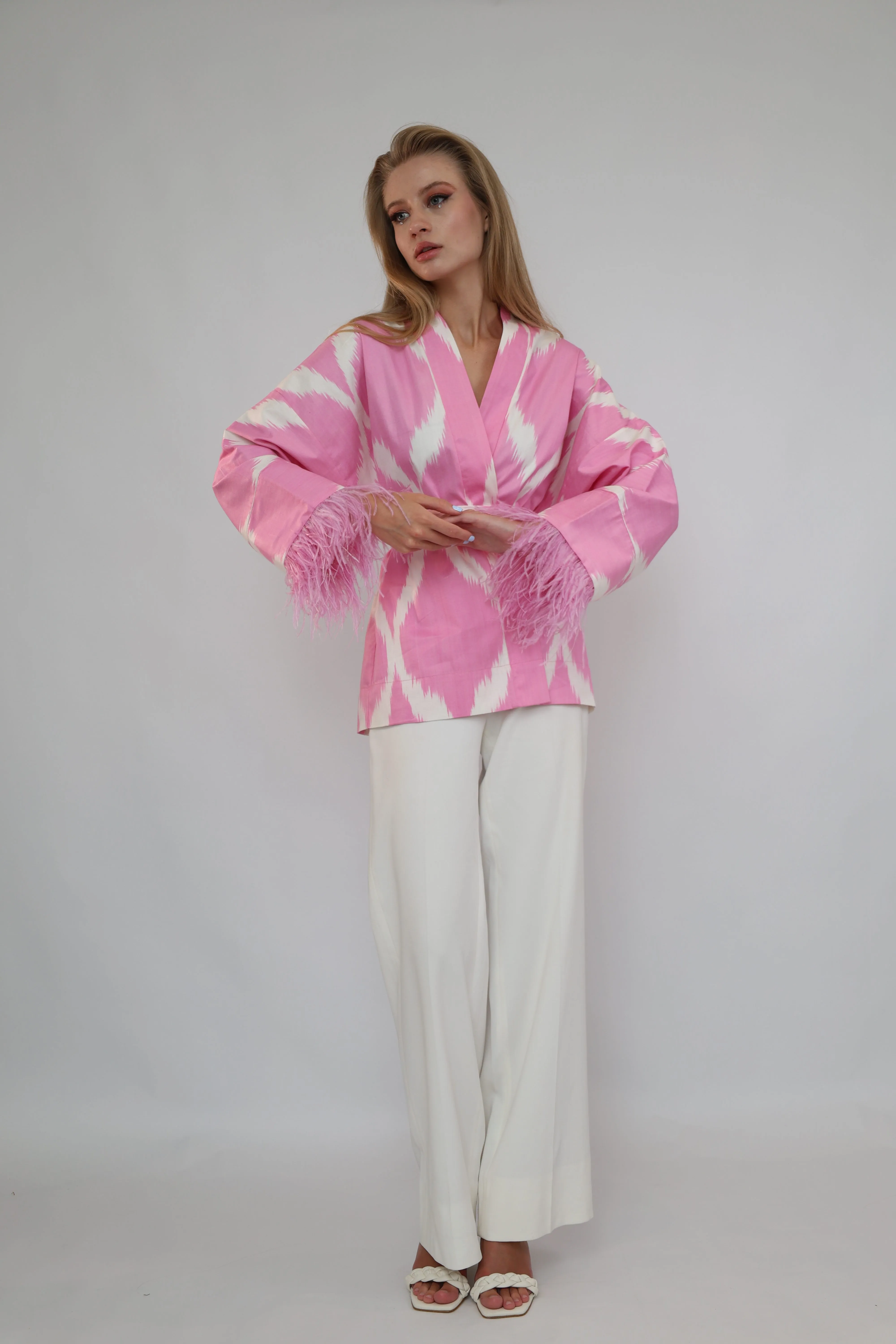 100% Cotton Pink Mini Kimono With Feathers