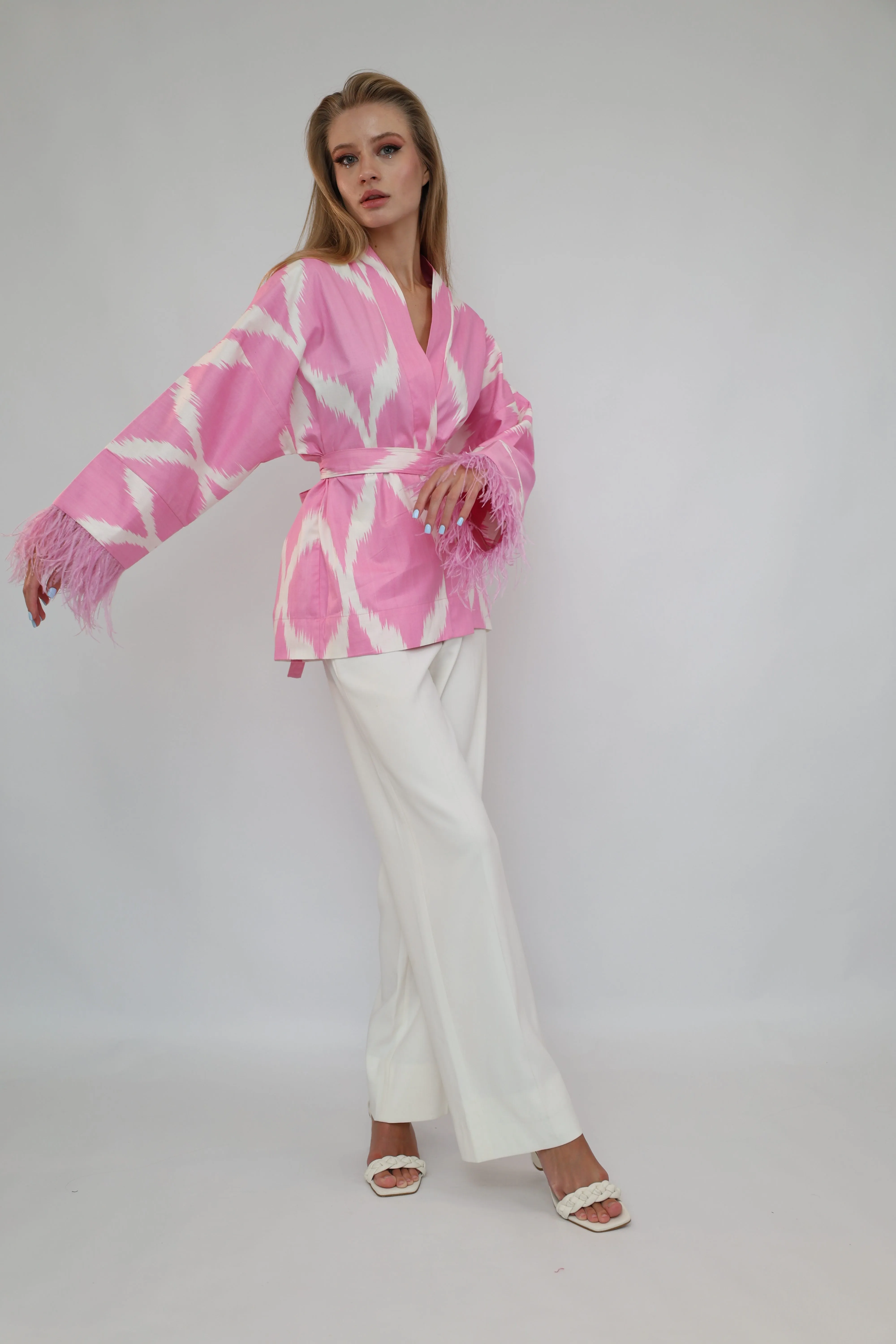 100% Cotton Pink Mini Kimono With Feathers