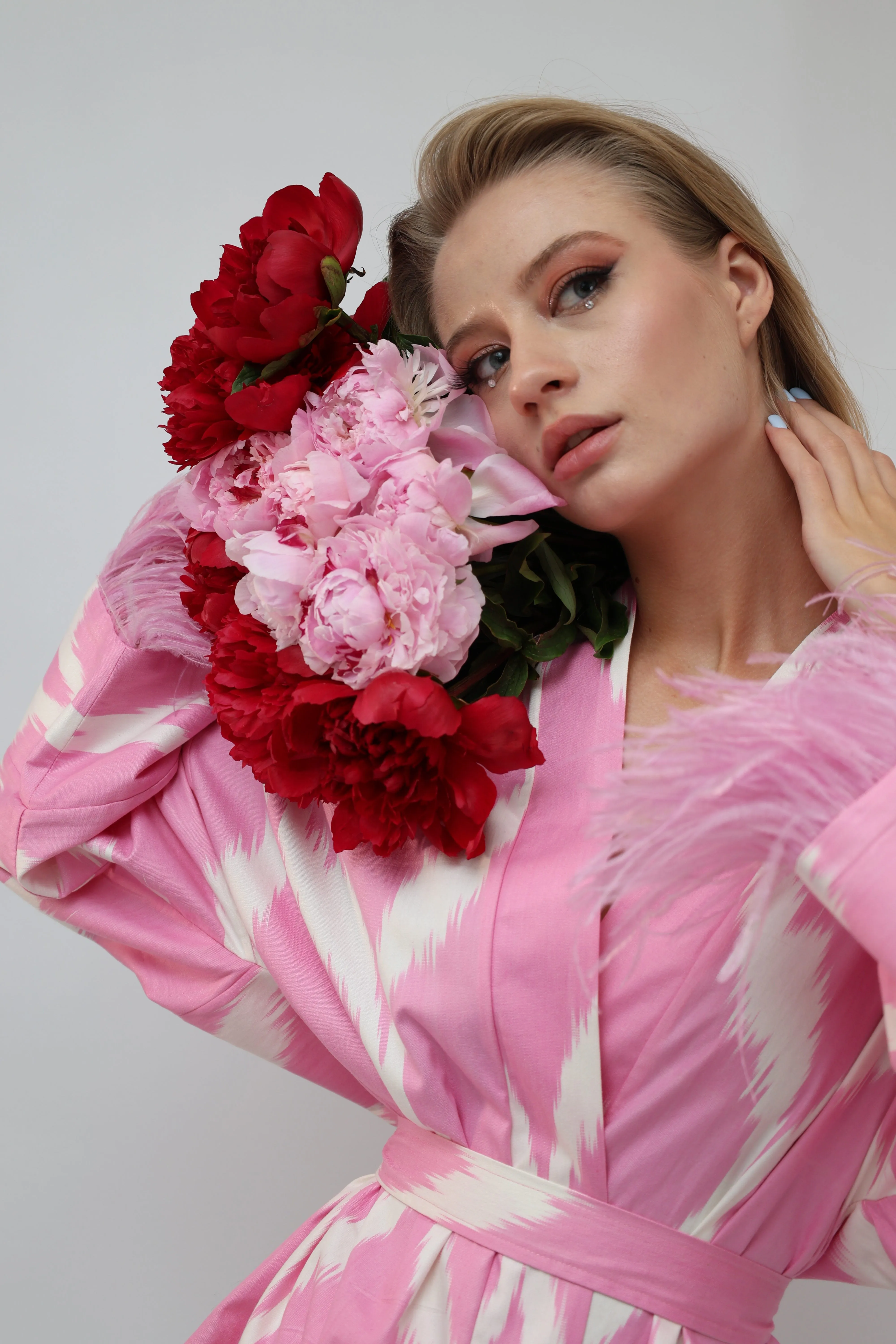 100% Cotton Pink Mini Kimono With Feathers