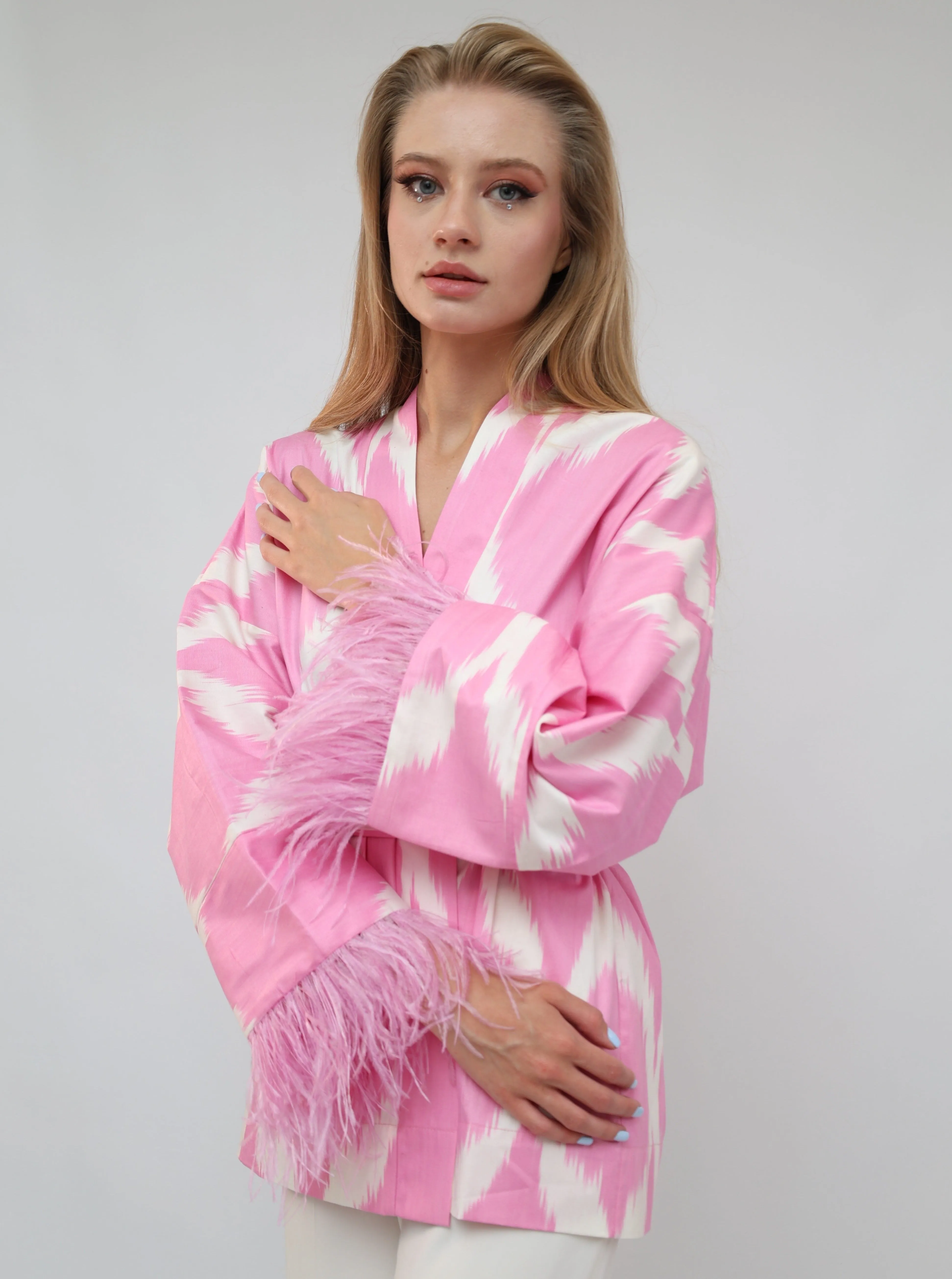 100% Cotton Pink Mini Kimono With Feathers