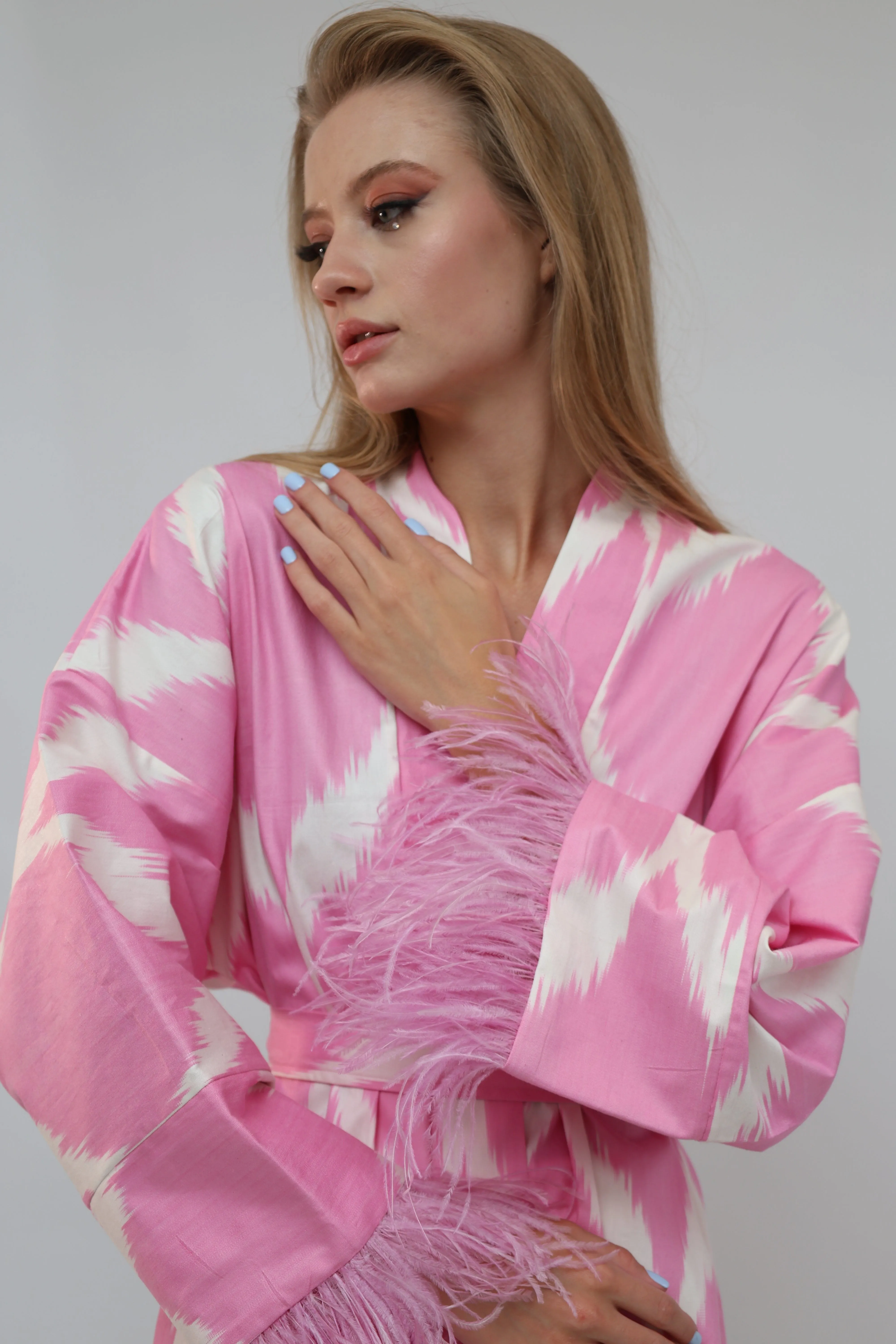 100% Cotton Pink Mini Kimono With Feathers