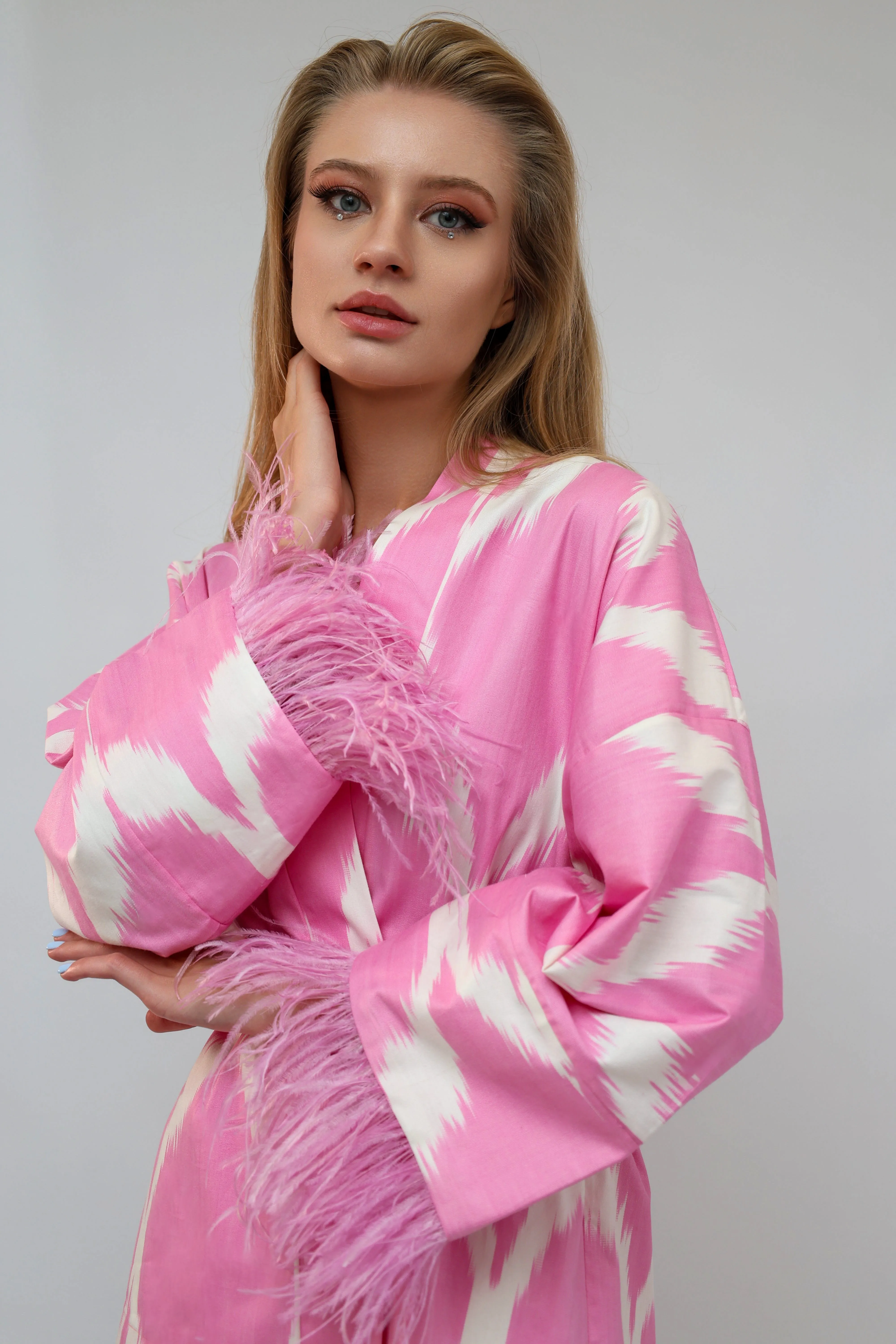 100% Cotton Pink Mini Kimono With Feathers