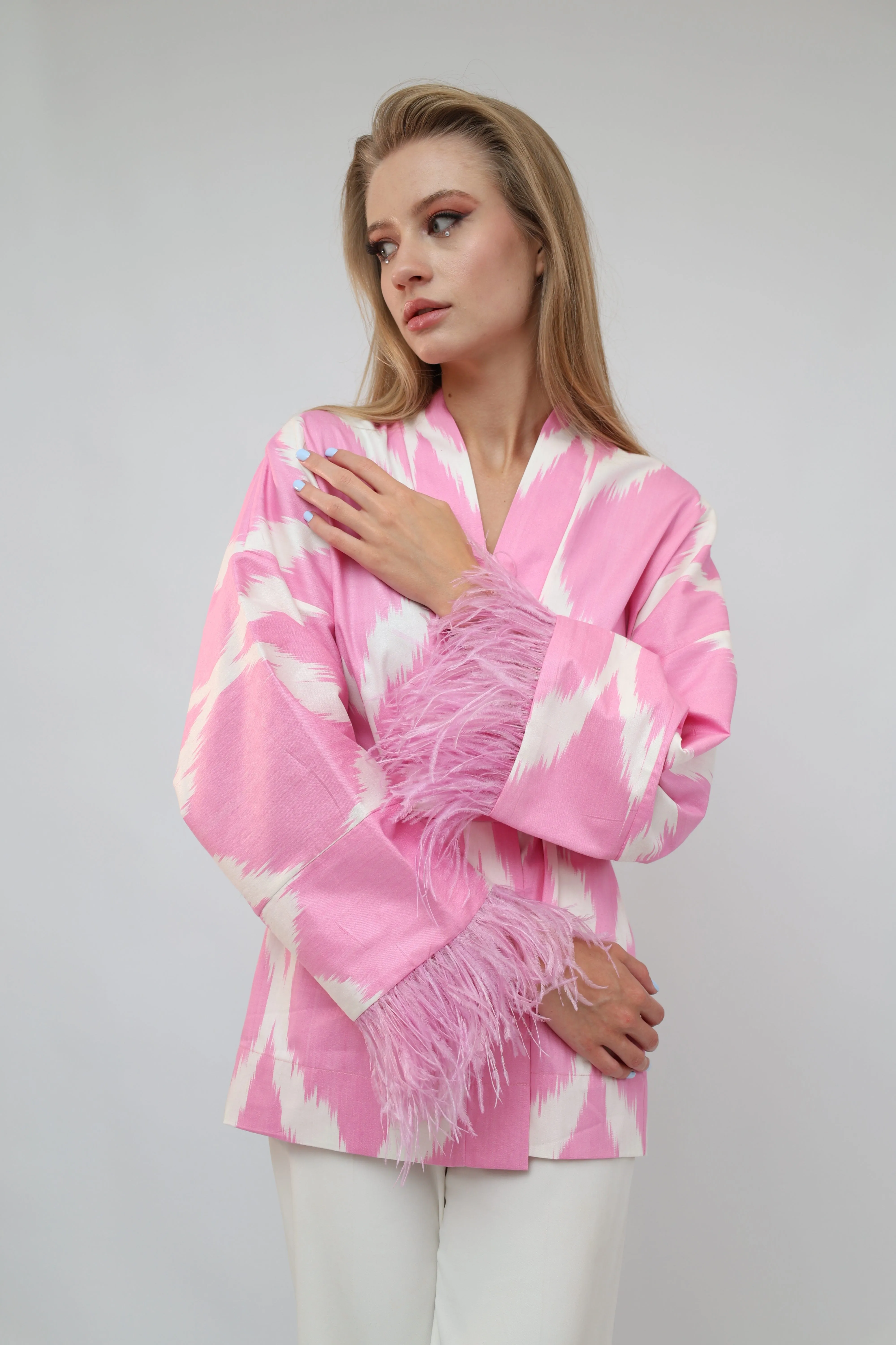 100% Cotton Pink Mini Kimono With Feathers