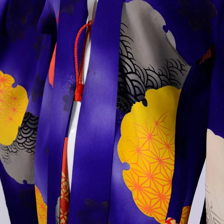 1930s Japanese Haori Kimono Jacket Purple Silk w/ Orange Designs