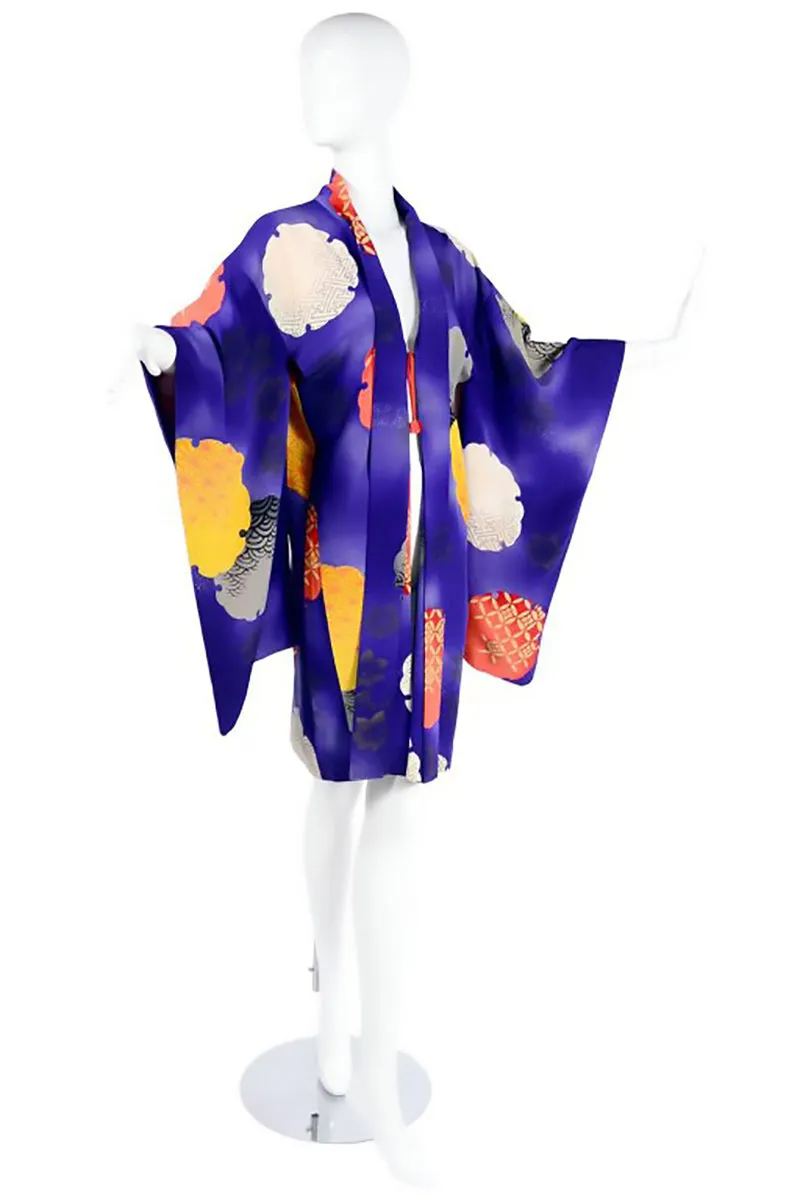 1930s Japanese Haori Kimono Jacket Purple Silk w/ Orange Designs