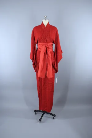 1930s Vintage Silk Kimono Robe / ART DECO Red Orange Stripes