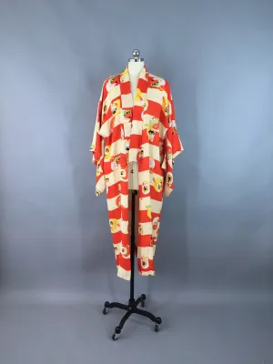 1930s Vintage Silk Kimono Robe / Cats Novelty Print