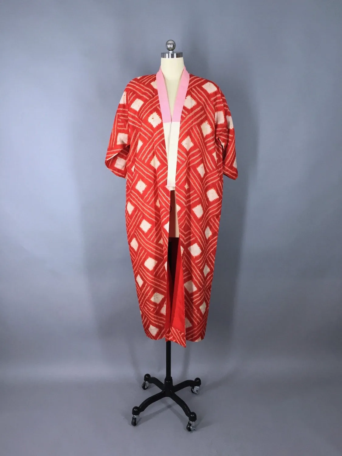 1930s Vintage Silk Kimono Robe / Orange Diamond Shibori