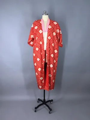 1930s Vintage Silk Kimono Robe / Orange Diamond Shibori