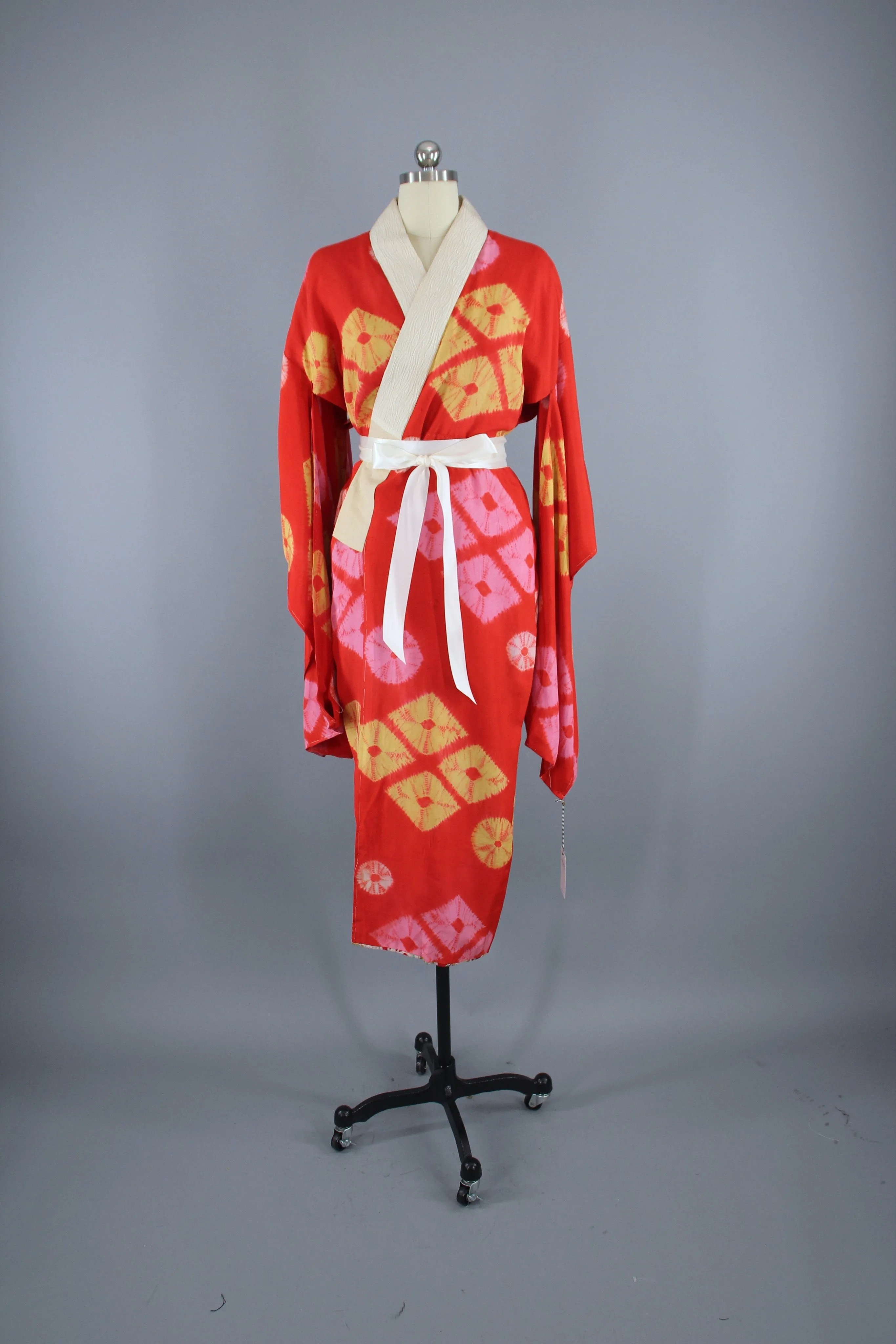 1930s Vintage Silk Kimono Robe / Orange Pink Shibori Tie Dye