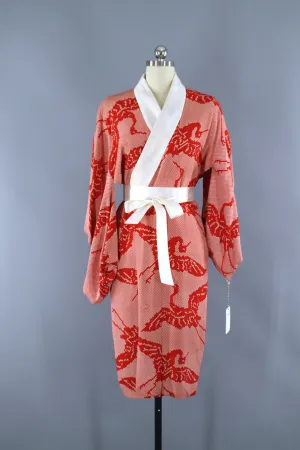 1930s Vintage Silk Kimono Robe / Red & White Shibori Print Flying Cranes