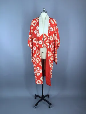 1930s Vintage Silk Kimono Robe / Red Diamond Tie Dye