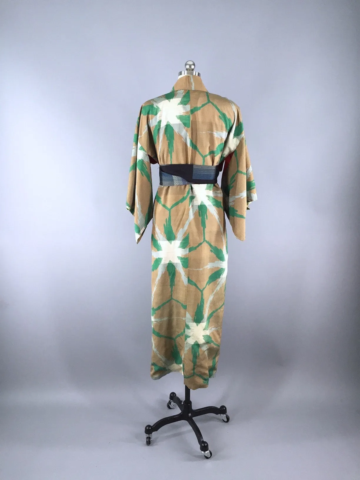 1940s Vintage Silk Kimono Robe, Brown & Green Ikat Stars