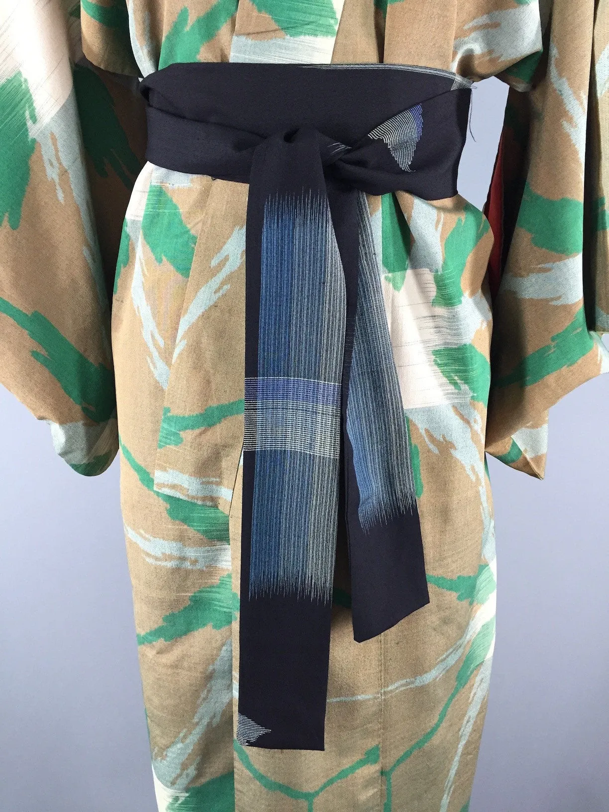 1940s Vintage Silk Kimono Robe, Brown & Green Ikat Stars