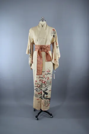 1940s Vintage Silk Kimono Robe in Ivory with an Art Deco Floral Print