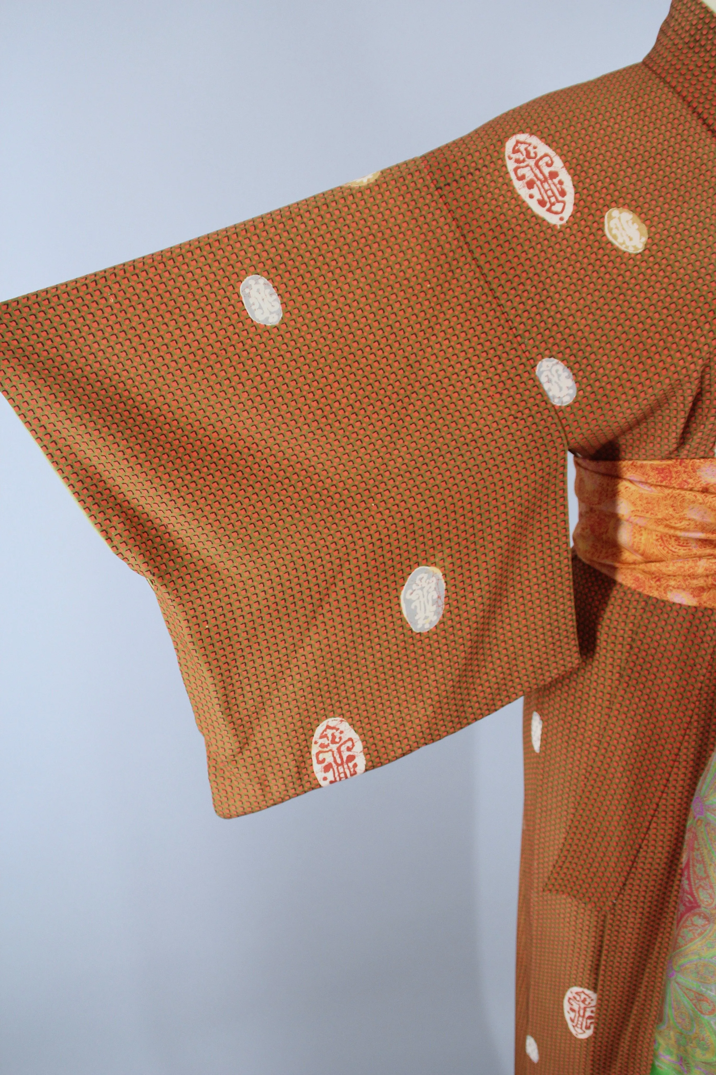 1940s Vintage Silk Kimono Robe / Orange & Olive Green