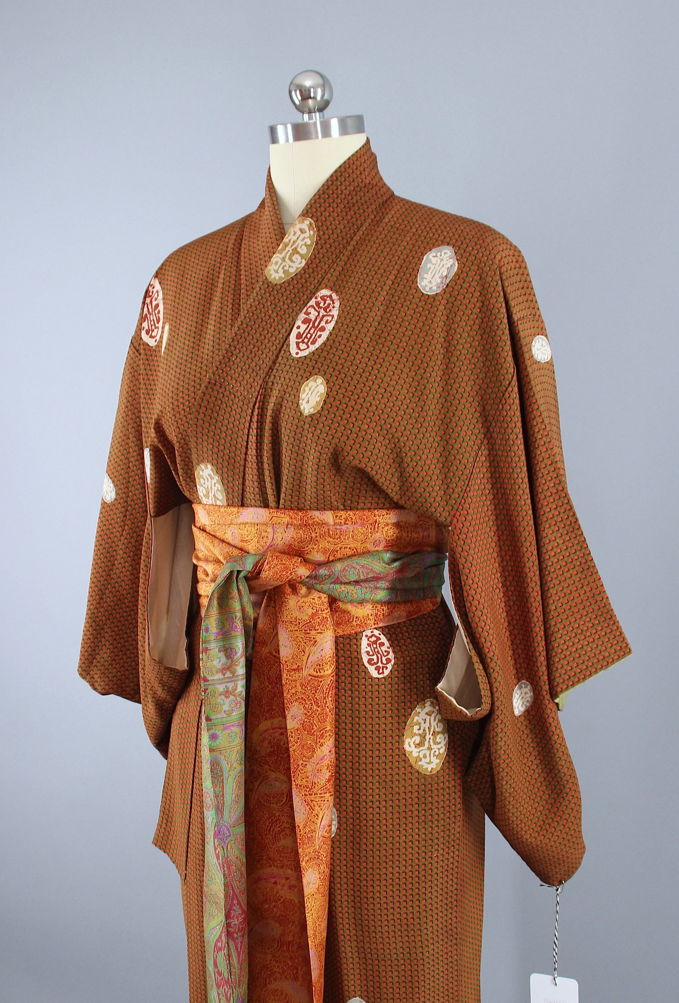 1940s Vintage Silk Kimono Robe / Orange & Olive Green