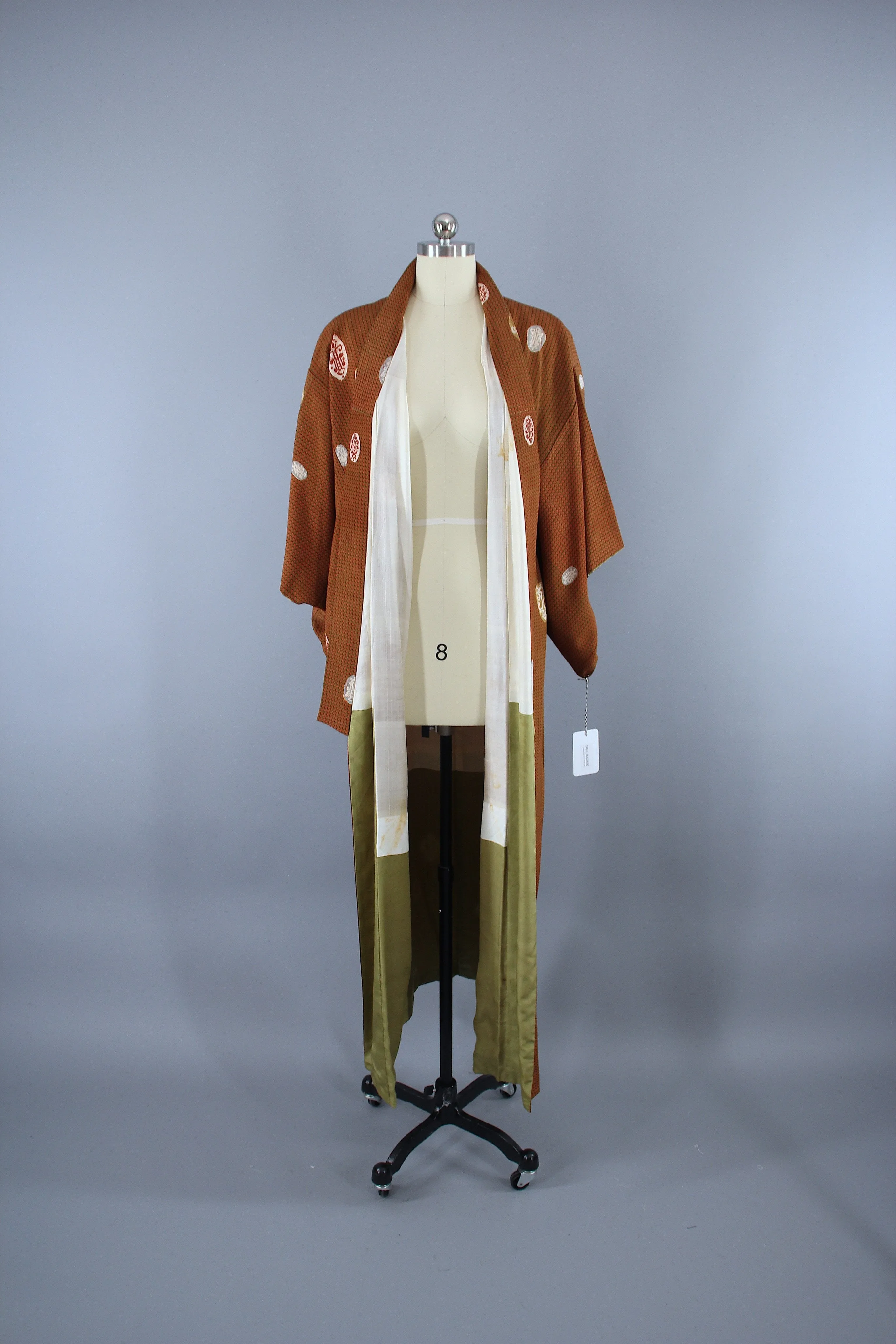 1940s Vintage Silk Kimono Robe / Orange & Olive Green