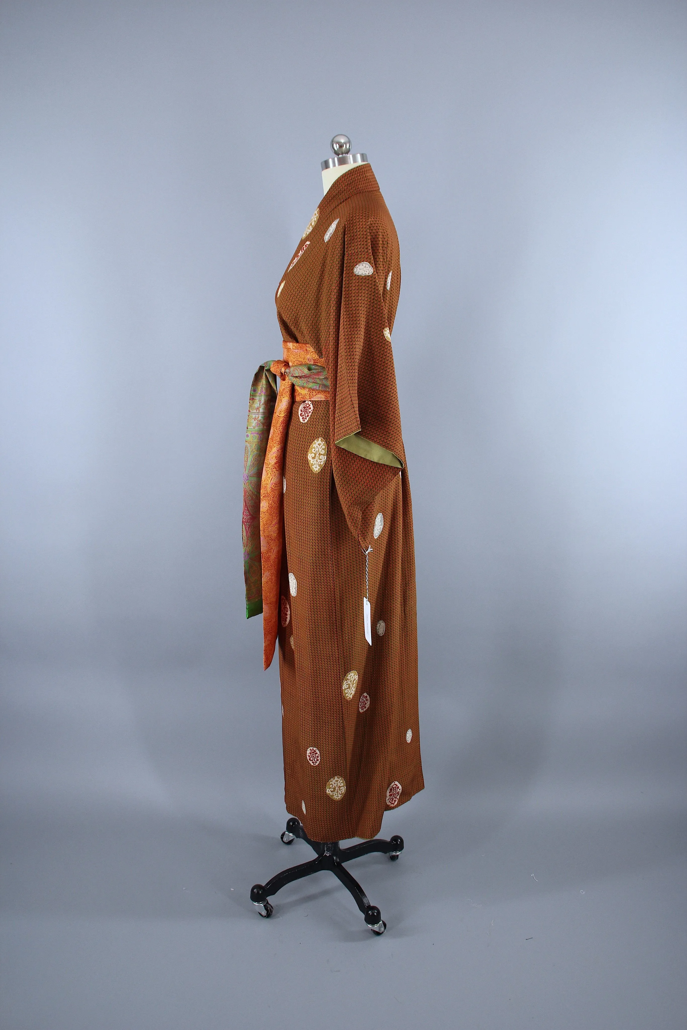 1940s Vintage Silk Kimono Robe / Orange & Olive Green