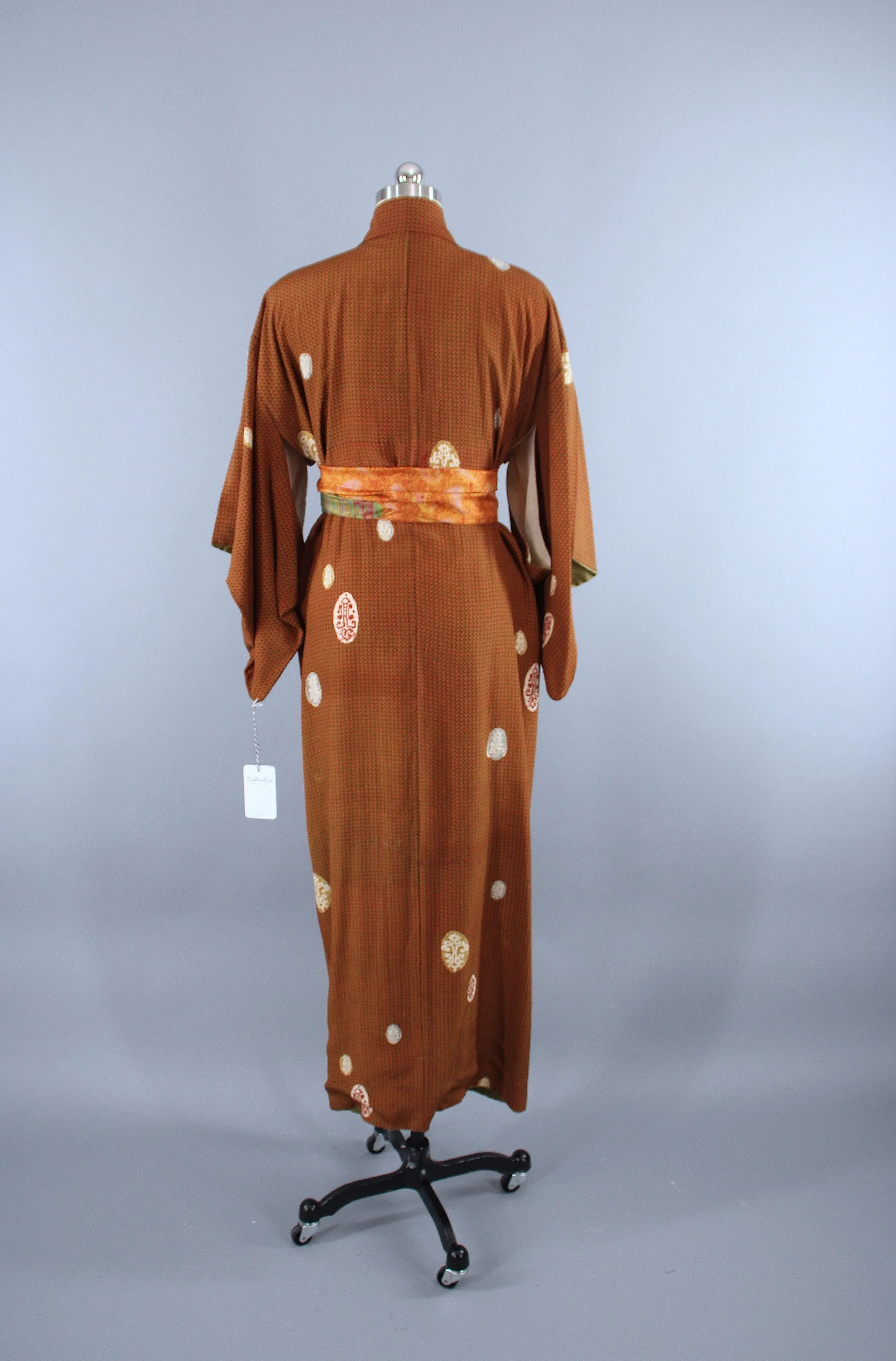 1940s Vintage Silk Kimono Robe / Orange & Olive Green