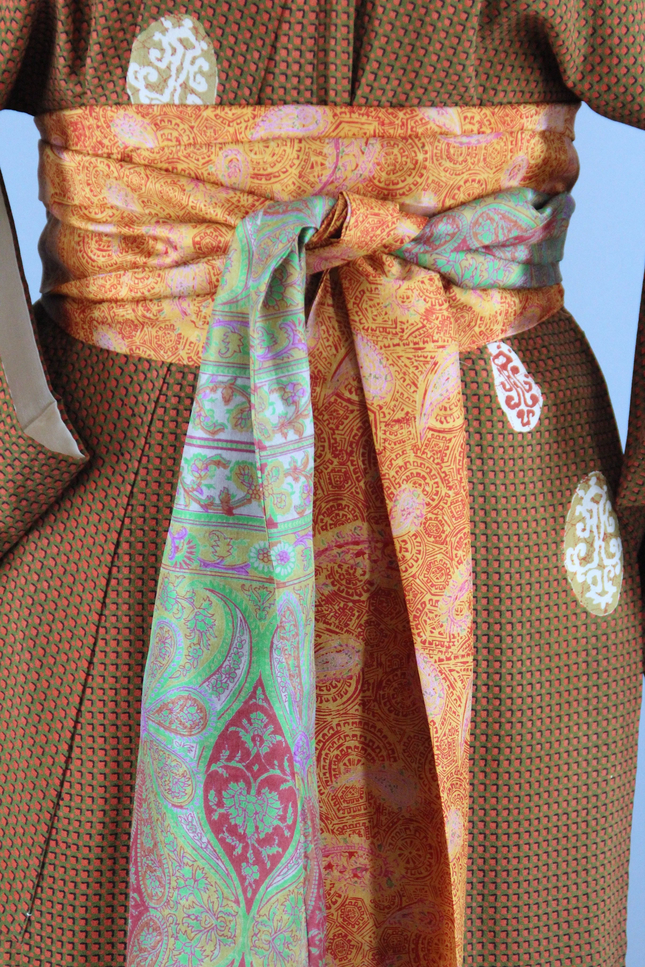 1940s Vintage Silk Kimono Robe / Orange & Olive Green