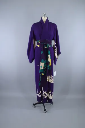 1940s Vintage Silk Kimono Robe / Purple Chrysanthemum Floral