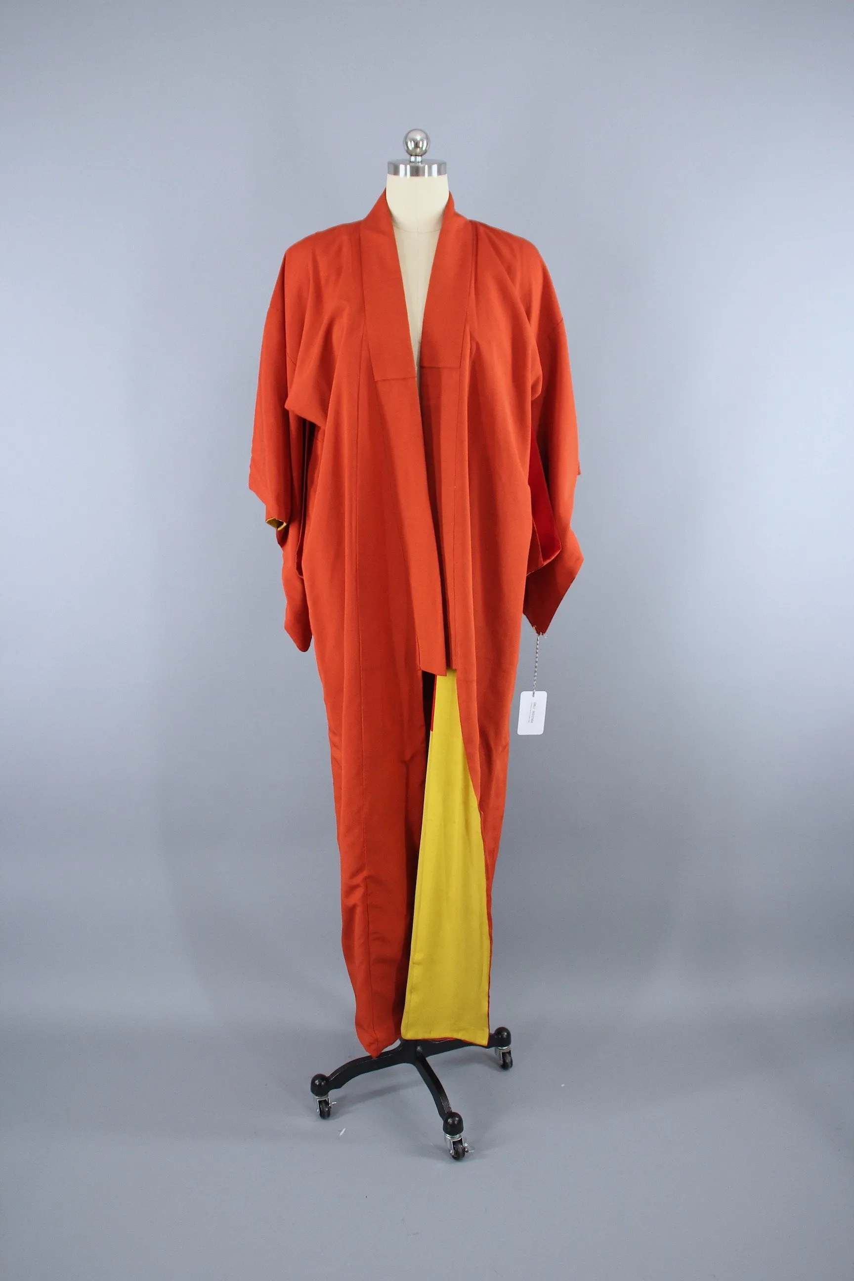 1940s Vintage Silk Kimono Robe / Rust Dark Orange Crepe