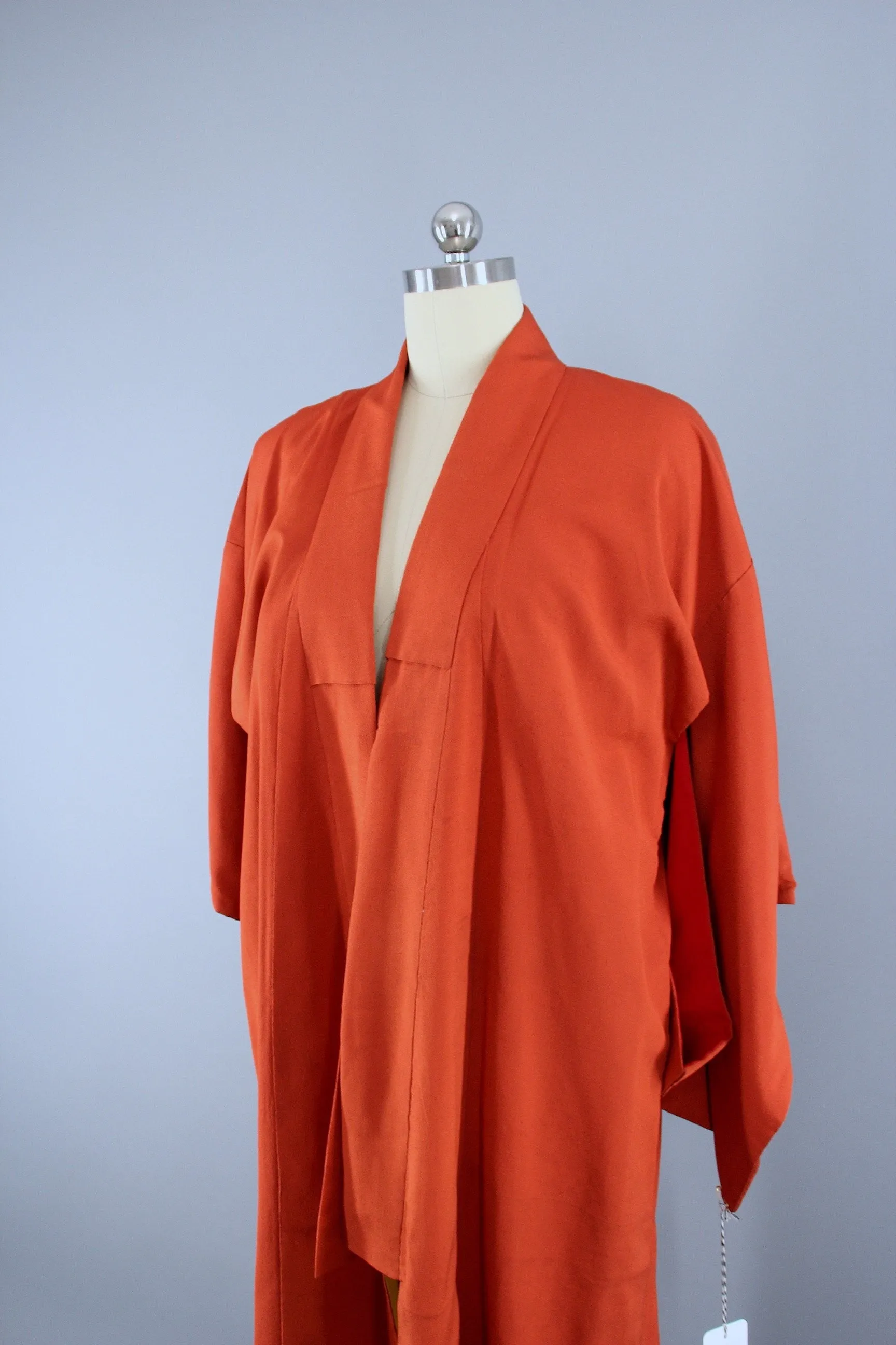 1940s Vintage Silk Kimono Robe / Rust Dark Orange Crepe