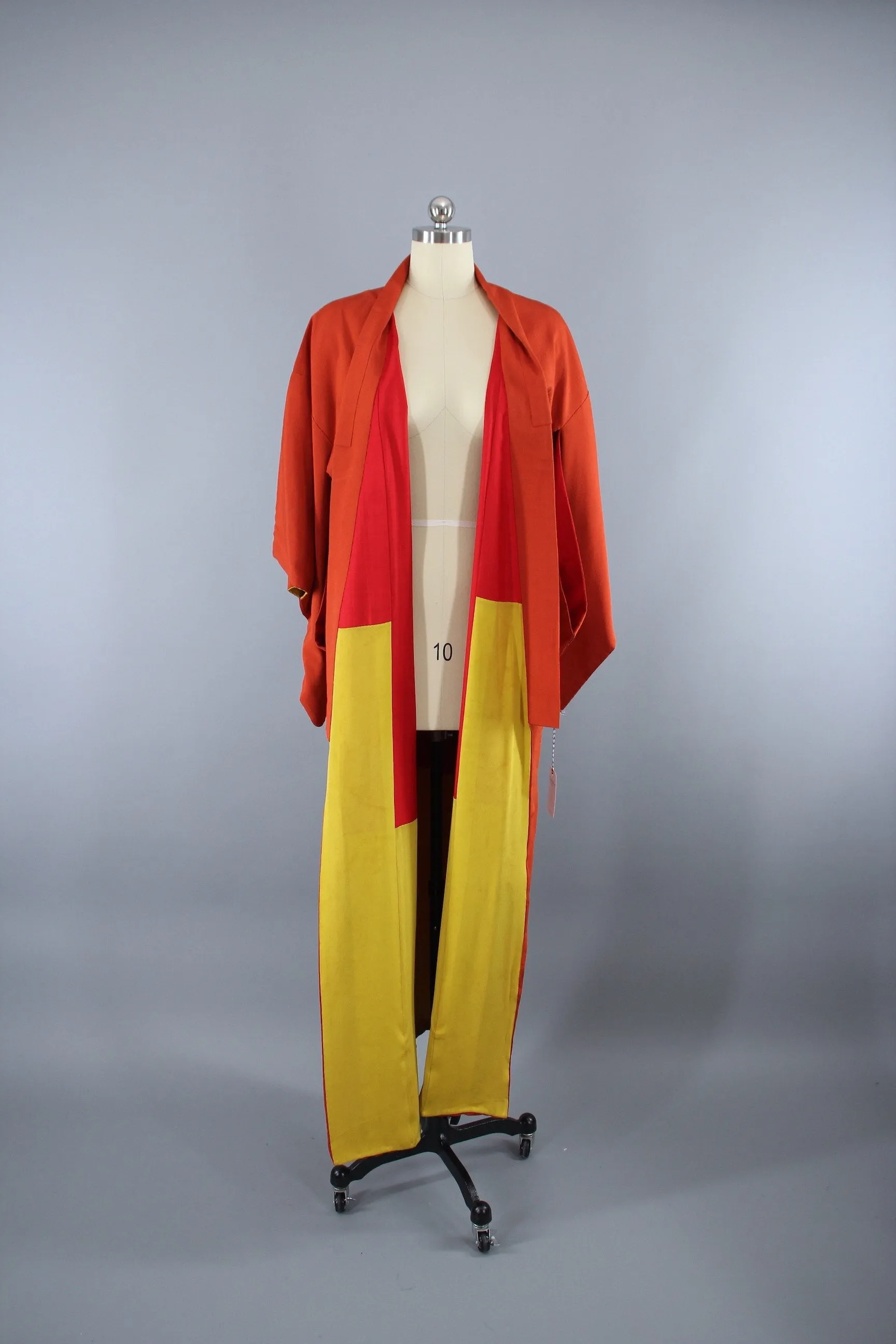 1940s Vintage Silk Kimono Robe / Rust Dark Orange Crepe