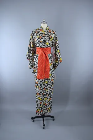 1950s Vintage Kimono Robe with Black & White Cherry Blossom Print