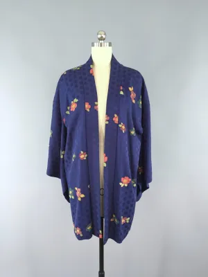 1950s Vintage Silk Haori Kimono Cardigan / Blue Floral Print