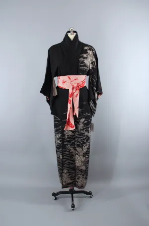 1950s Vintage Silk Kimono Robe / Black & White Floral