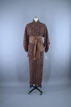 1950s Vintage Silk Kimono Robe / Brown Floral