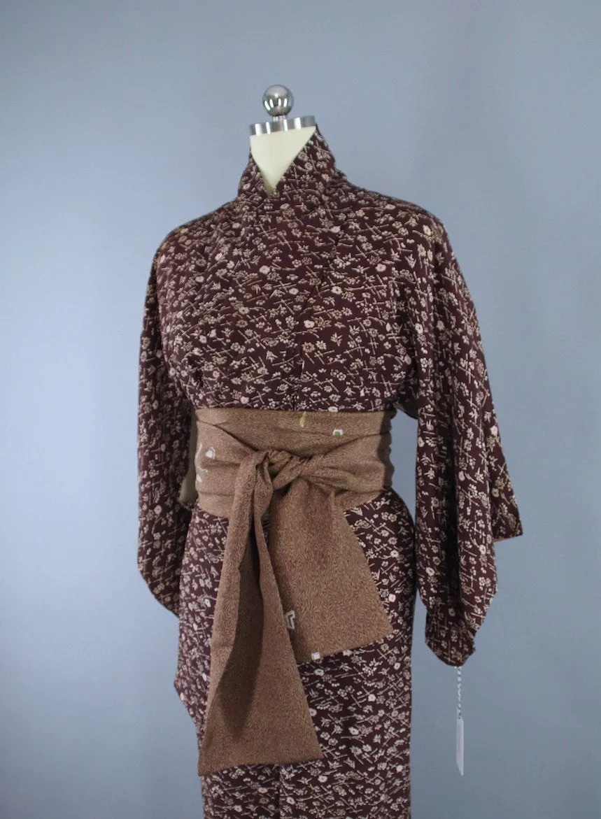 1950s Vintage Silk Kimono Robe / Brown Floral