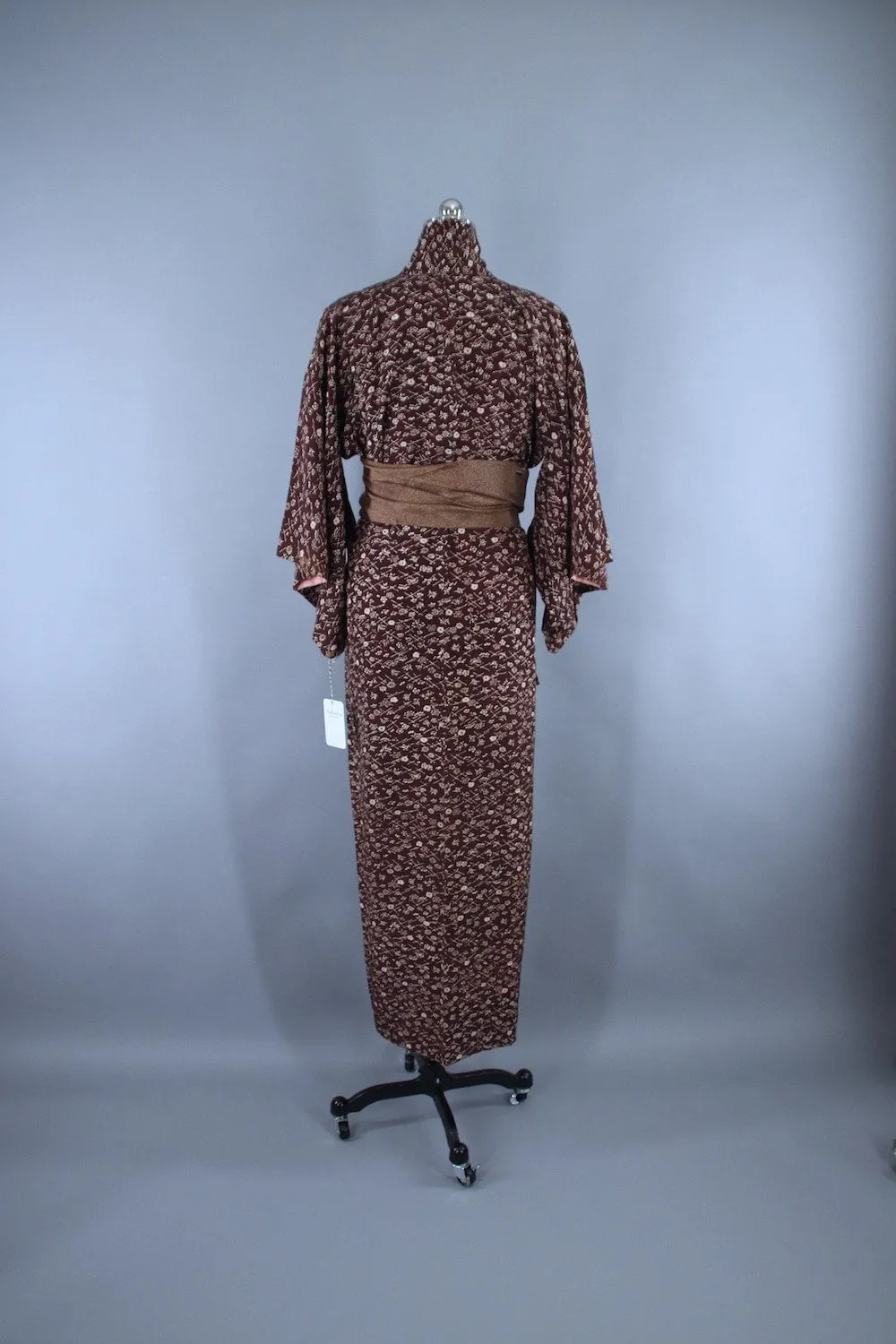 1950s Vintage Silk Kimono Robe / Brown Floral