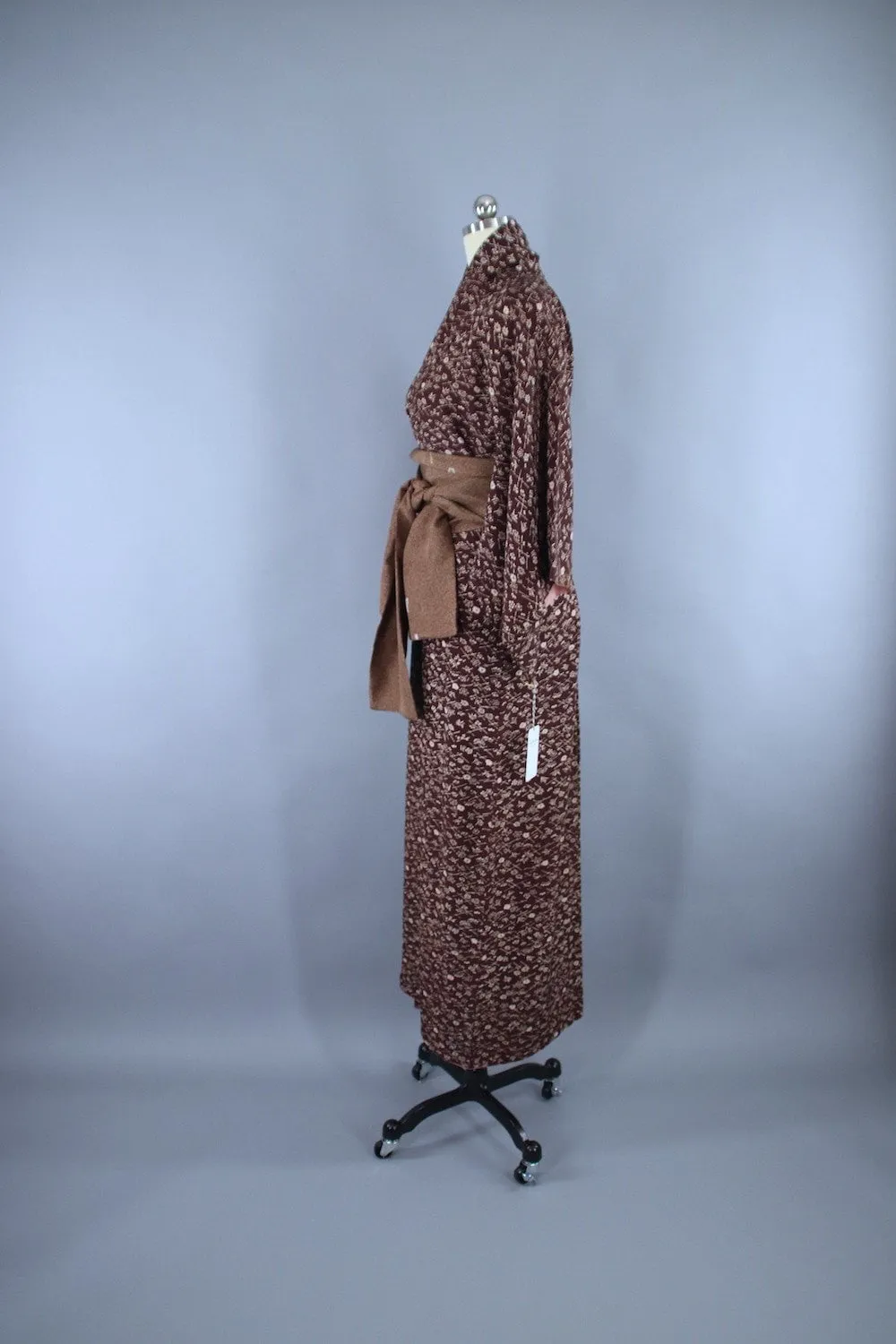 1950s Vintage Silk Kimono Robe / Brown Floral