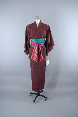 1950s Vintage Silk Kimono Robe / Dark Red & White