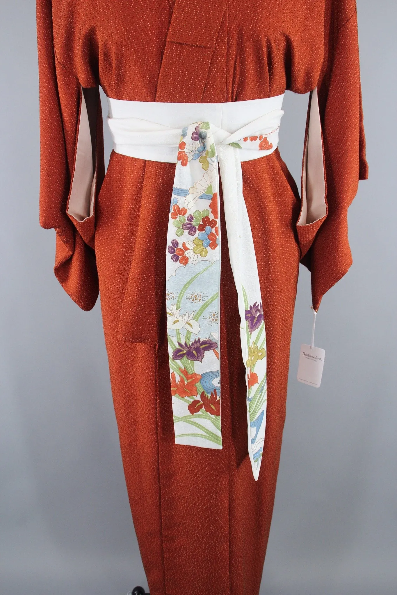 1950s Vintage Silk Kimono Robe in Dark Rust Orange and Black Tiny Dots