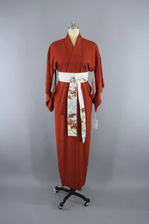 1950s Vintage Silk Kimono Robe in Dark Rust Orange and Black Tiny Dots