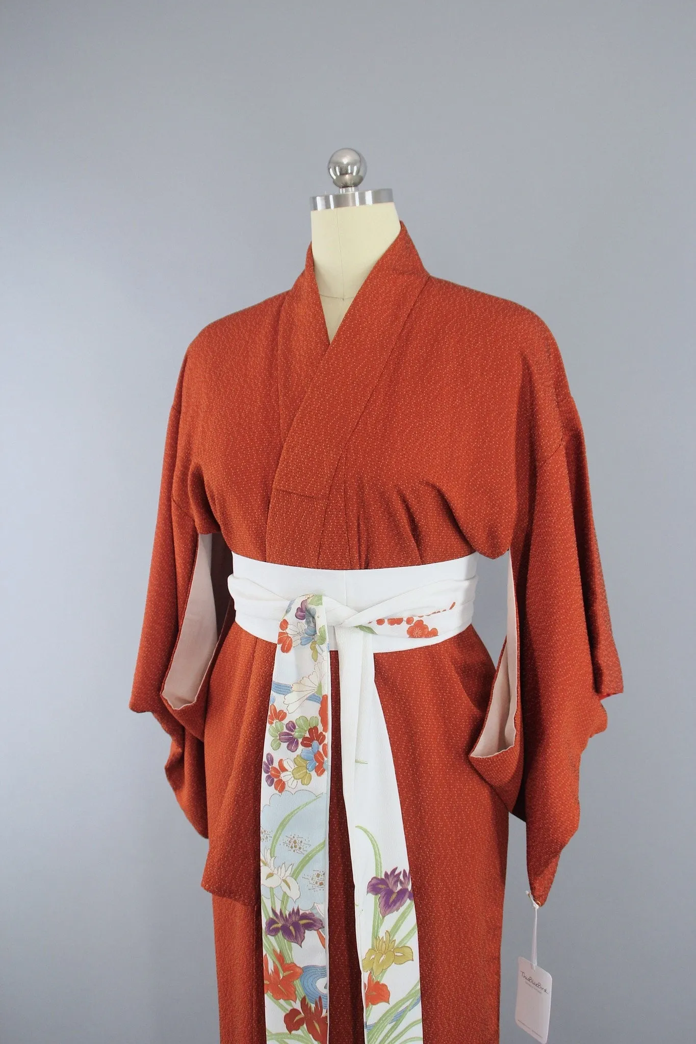 1950s Vintage Silk Kimono Robe in Dark Rust Orange and Black Tiny Dots