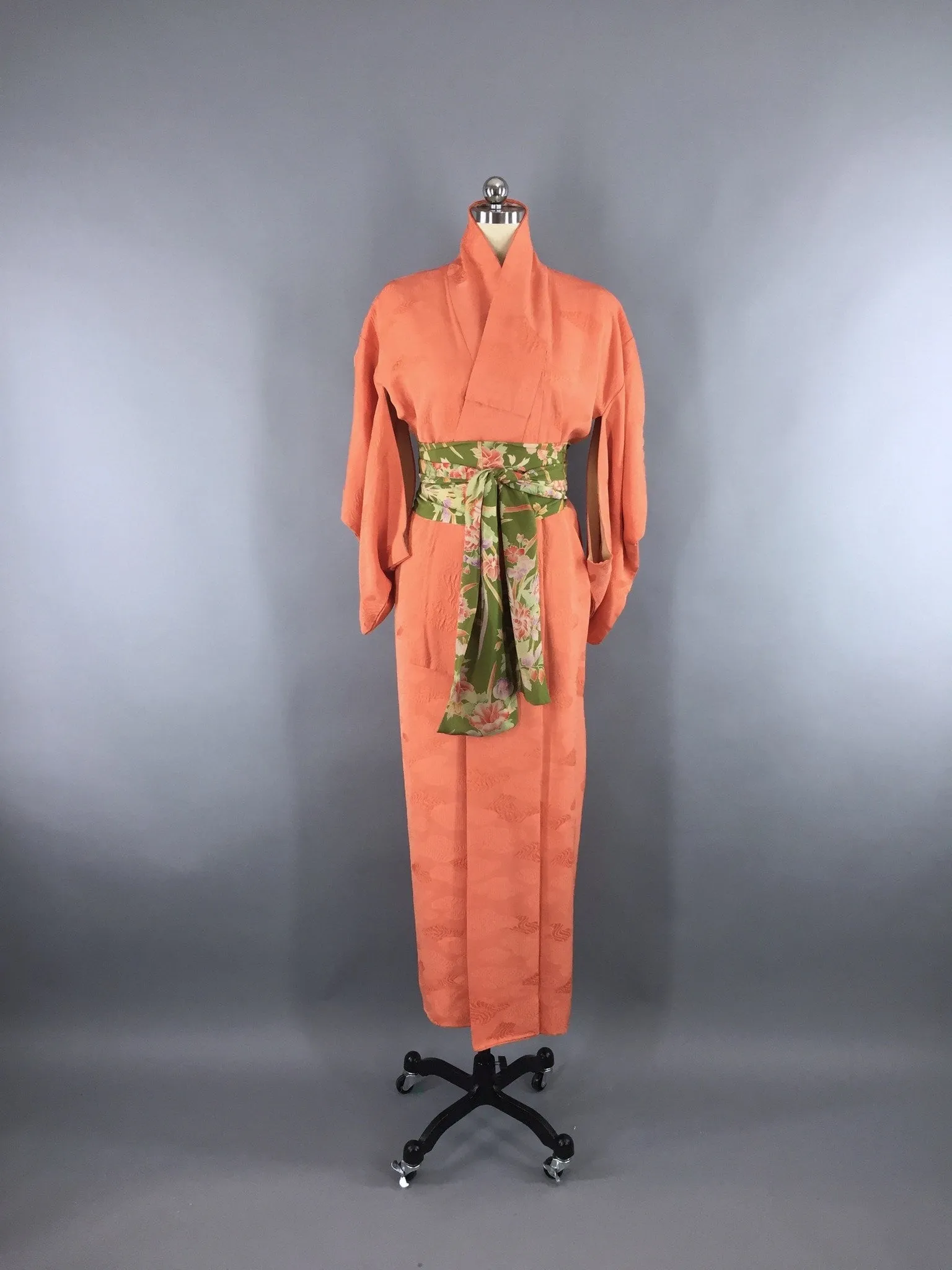 1950s Vintage Silk Kimono Robe in Orange Sherbet