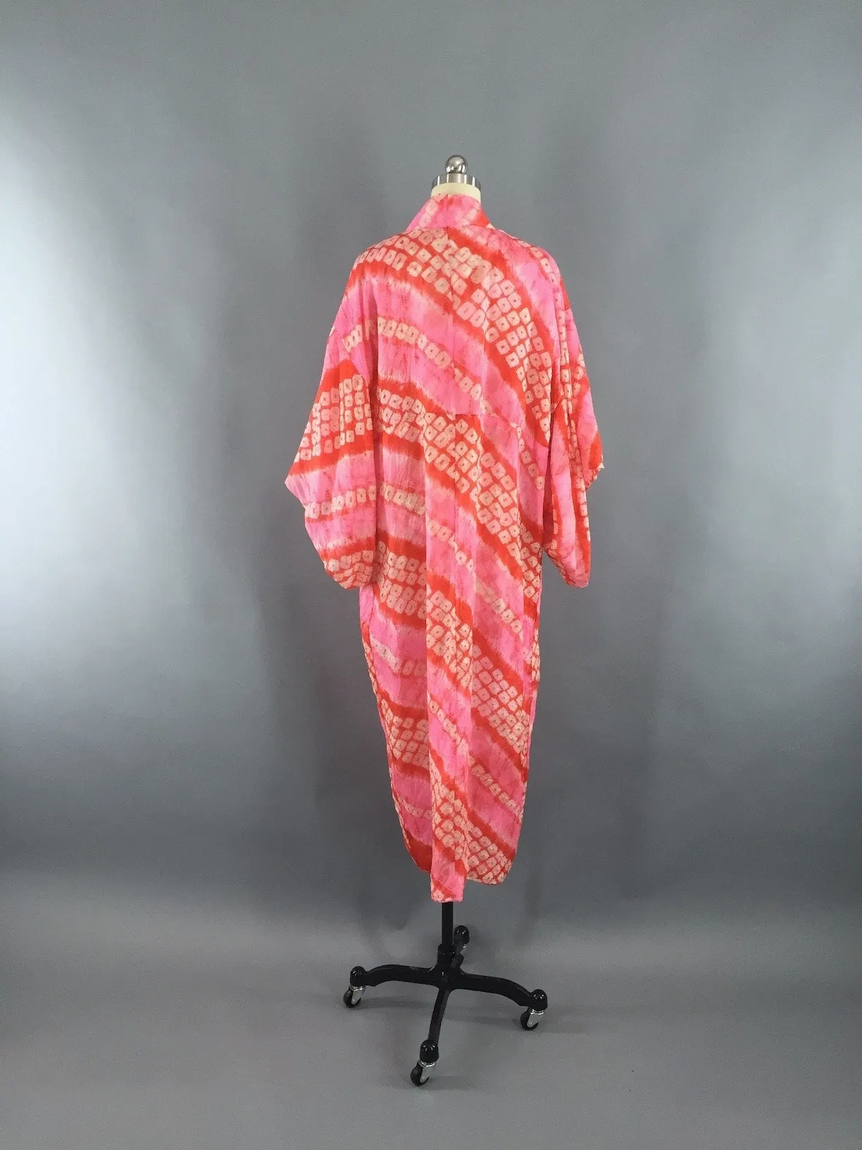 1950s Vintage Silk Kimono Robe / Pink and Orange Shibori