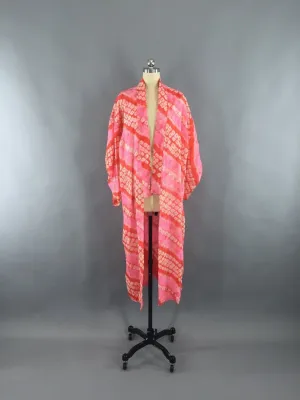 1950s Vintage Silk Kimono Robe / Pink and Orange Shibori