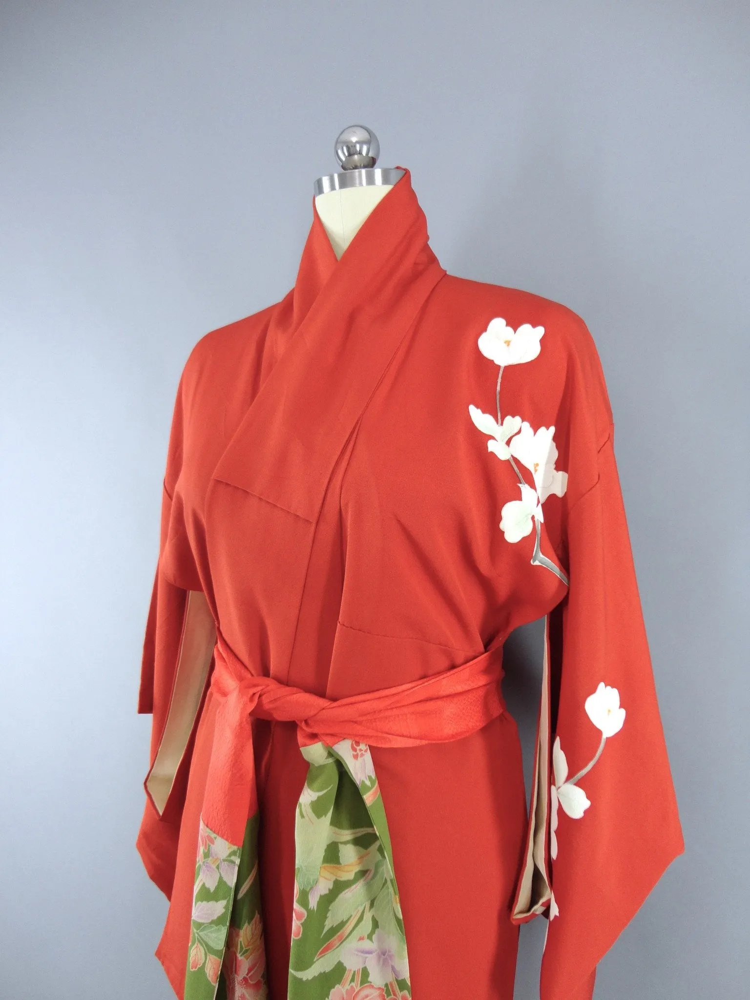 1950s Vintage Silk Kimono Robe / Rust Orange Floral Print