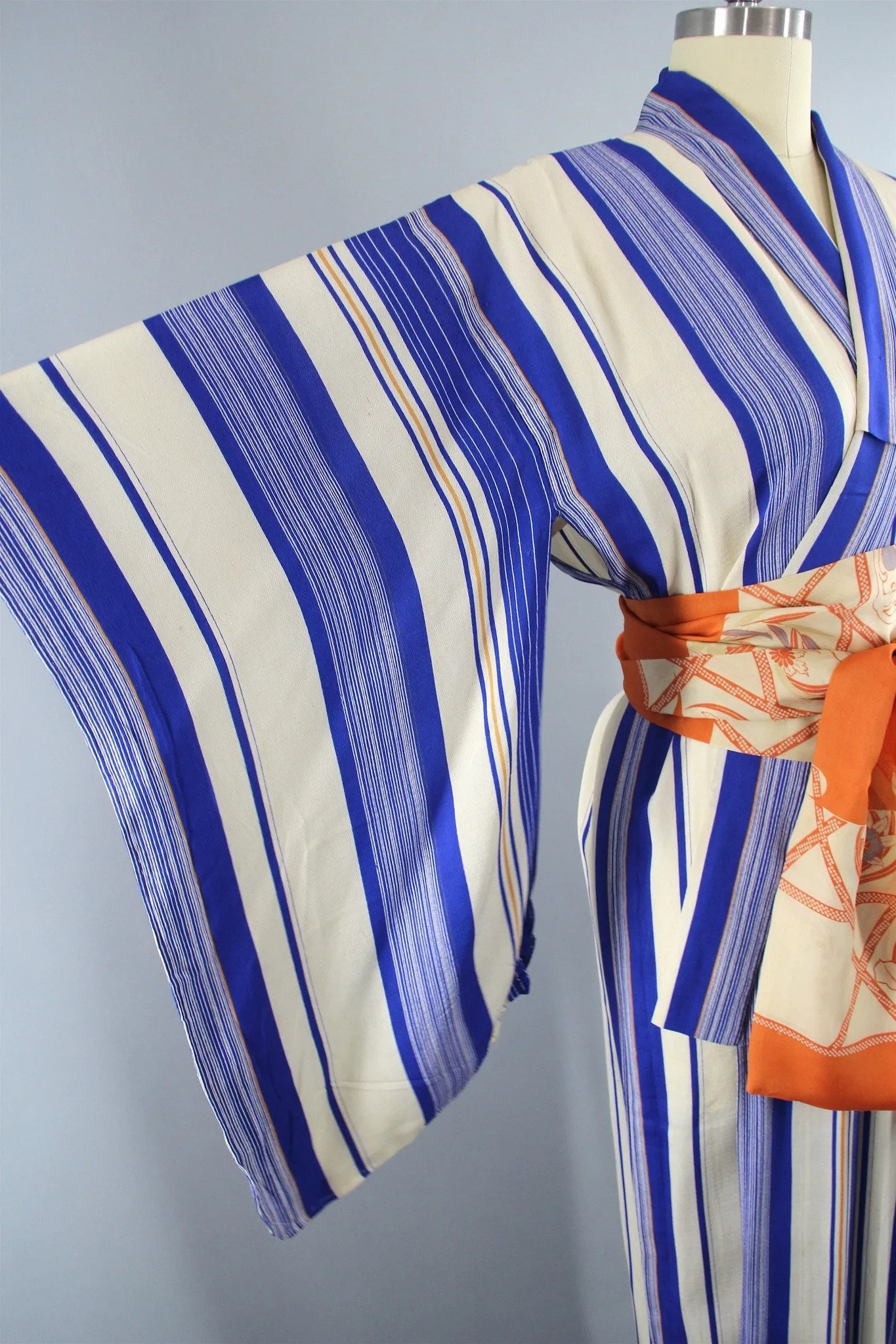 1950s Vintage Silk Kimono Robe with Blue and Orange Stripes