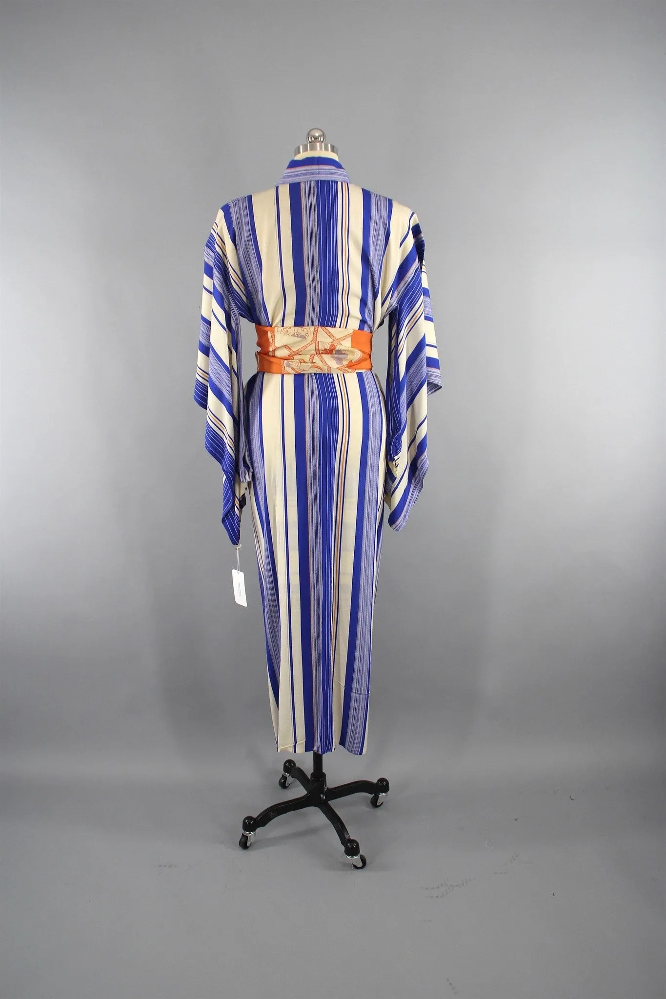 1950s Vintage Silk Kimono Robe with Blue and Orange Stripes