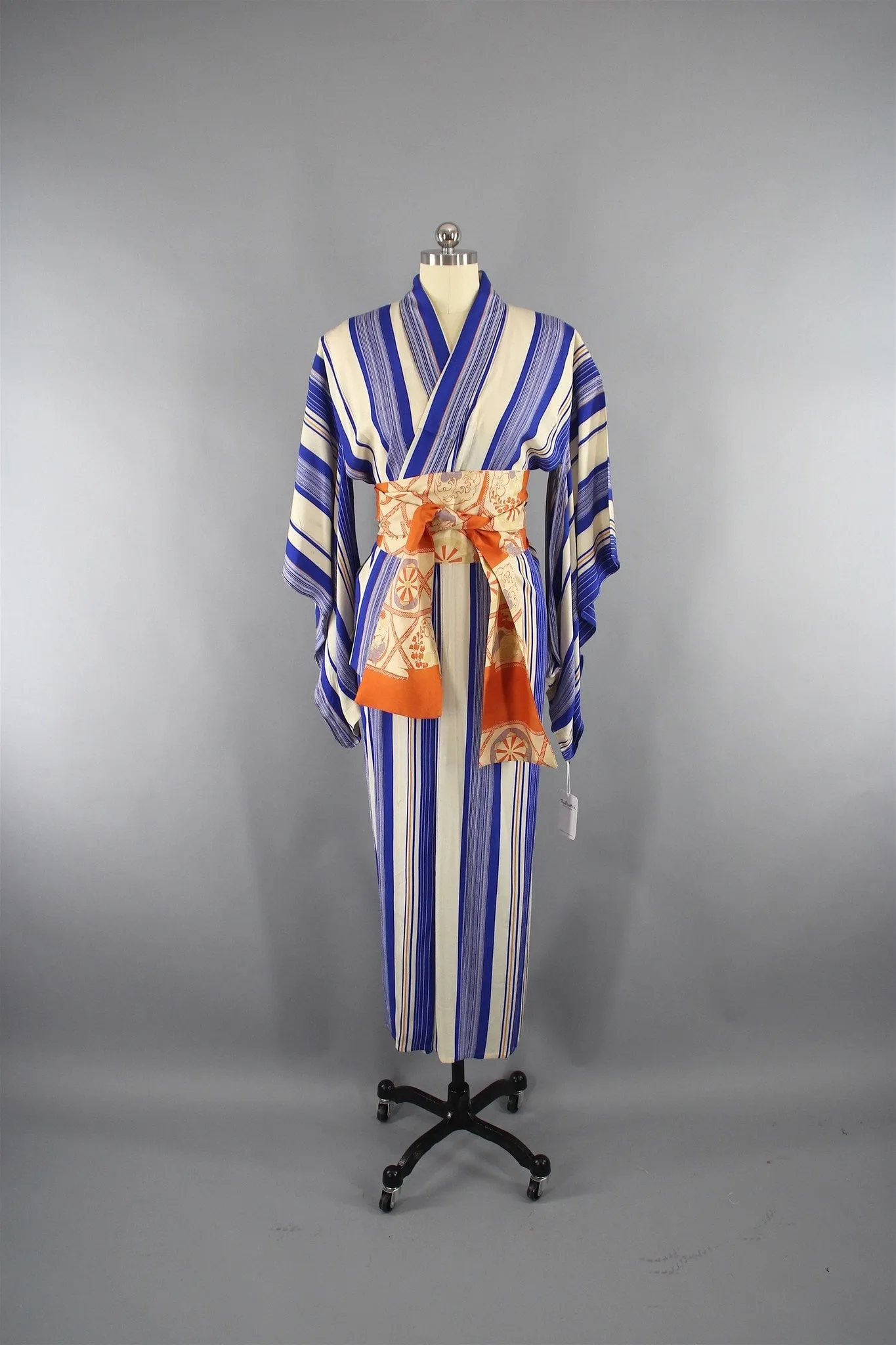 1950s Vintage Silk Kimono Robe with Blue and Orange Stripes