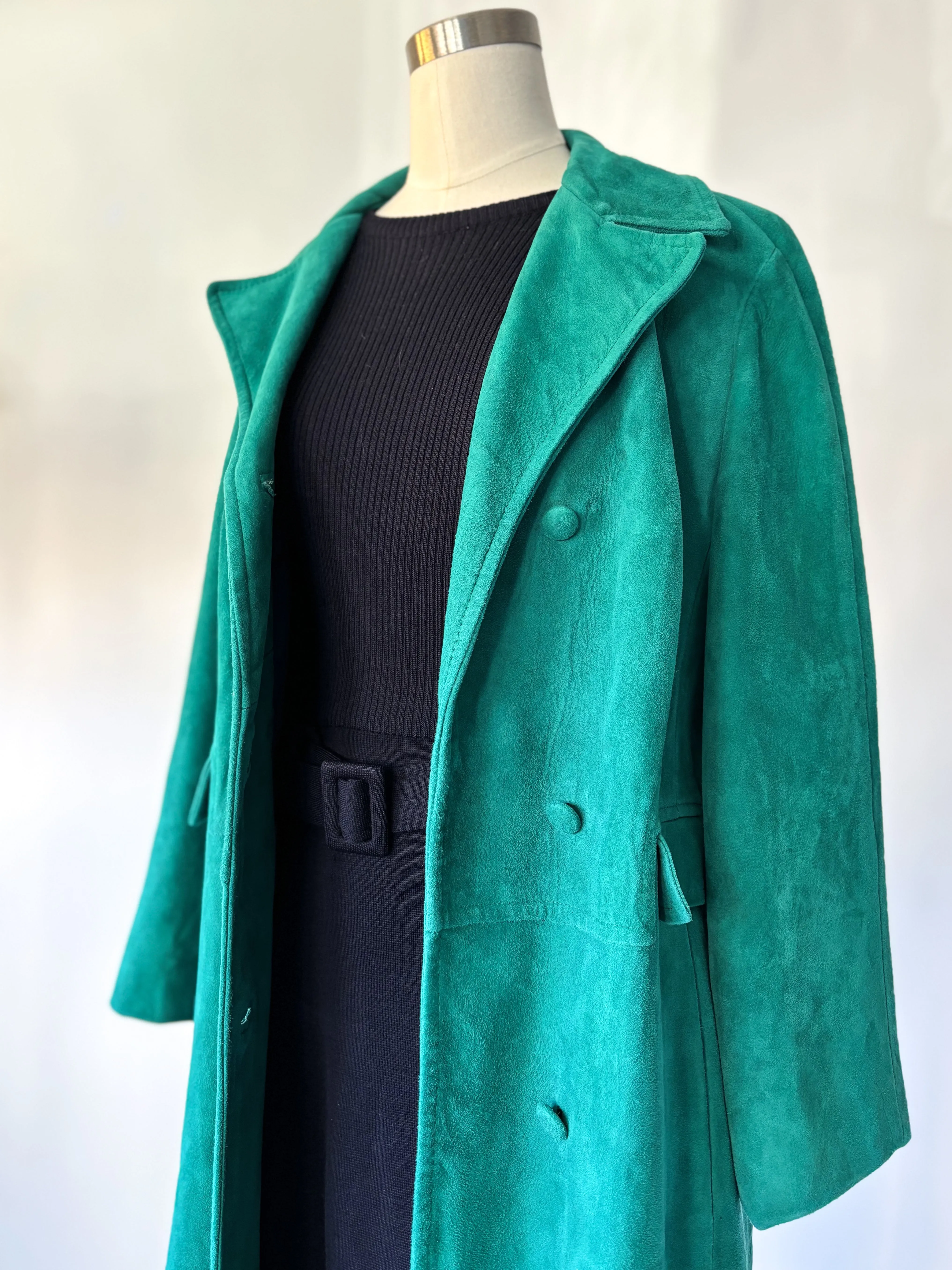 1960s Teal Suede Leather Double Breasted Mod Coat